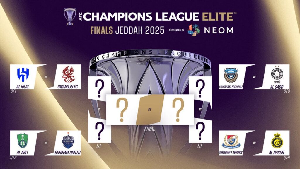 AFC 챔피언스리그 엘리트 2025 결승 토너먼트 트리 이미지.
왼쪽 대진: 알힐랄 vs 광주 FC, 알 아흘리 vs 부리람 유나이티드
오른쪽 대진: 가와사키 프론탈레 vs 알 사드, 요코하마 F. 마리노스 vs 알 나스르
중앙에는 결승전으로 이어지는 물음표 박스가 표시됨
