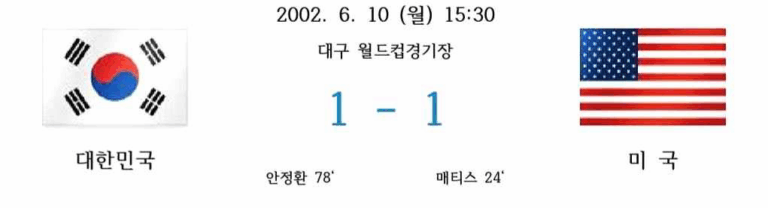 2002년 6월 10일 대구 월드컵경기장에서 열린 월드컵 조별리그. 매티스가 선제골, 안정환이 동점골을 넣으며 대한민국과 미국이 1대 1 무승부.