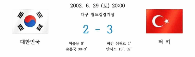 2002년 6월 29일 대구 월드컵경기장에서 열린 대한민국과 터키의 월드컵 3·4위전. 터키가 하칸 쉬퀴르(1분)와 만시즈(13분, 32분)의 골로 3대 2 승리. 한국은 이을용(9분), 송종국(90+3분)이 득점했다. 양측에 각국의 국기와 팀명이 배치되어 있고, 중앙에는 스코어와 득점자 정보가 적혀 있다.