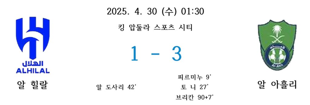2025년 4월 30일, 알 힐랄 vs 알 아흘리 경기 결과. 알 아흘리가 3-1 승리를 거두며 결승 진출. 득점자: 피르미누, 토니, 브리칸 / 알 힐랄: 알 도사리