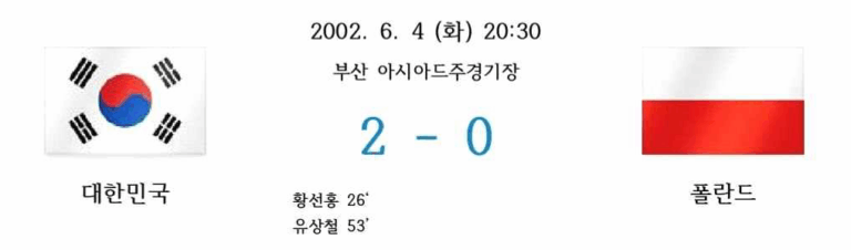 2002년 6월 4일 부산 아시아드주경기장에서 열린 월드컵 조별리그. 황선홍과 유상철의 골로 대한민국이 폴란드를 2대 0으로 이김.