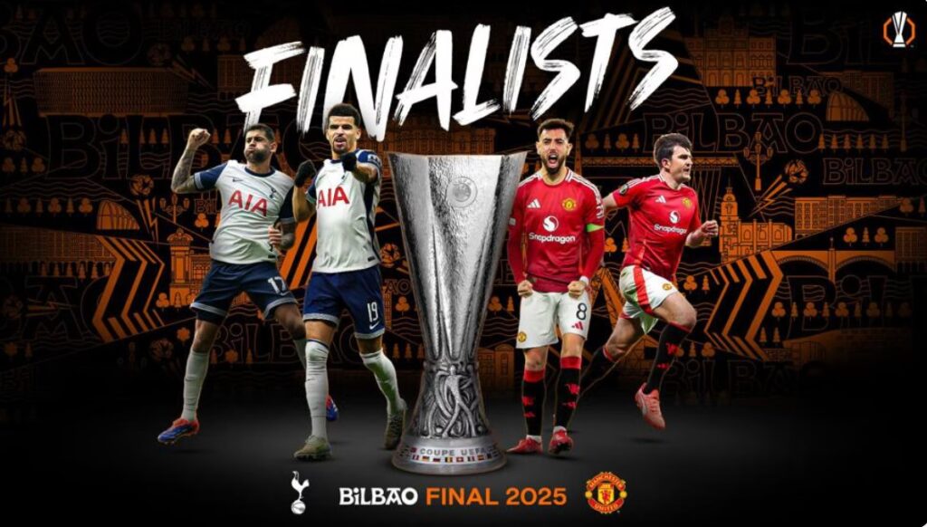 UEFA 유로파리그 2024-25 결승 진출팀 포스터. 중앙에 유로파리그 트로피, 좌우에는 토트넘과 맨체스터 유나이티드 선수들이 배치된 ‘FINALISTS’ 이미지