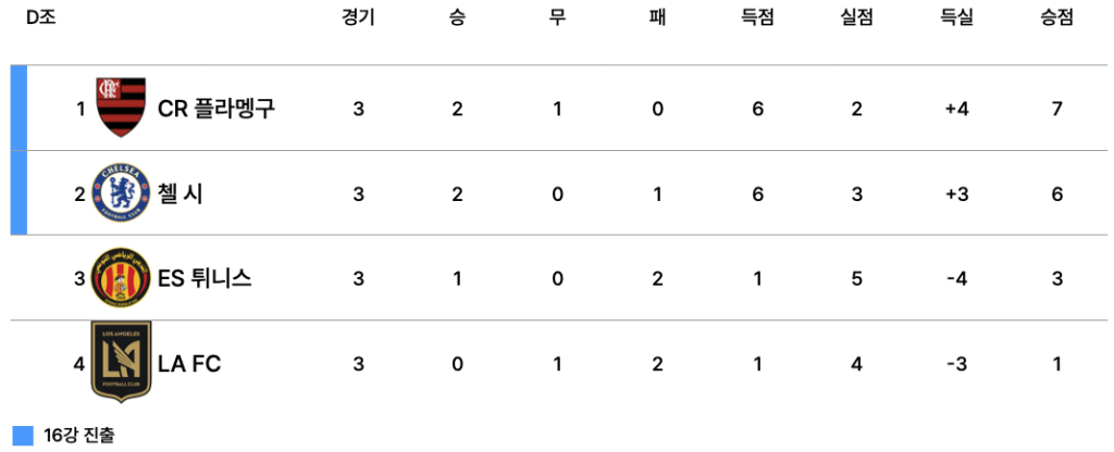 2025 FIFA 클럽 월드컵 D조 최종 순위